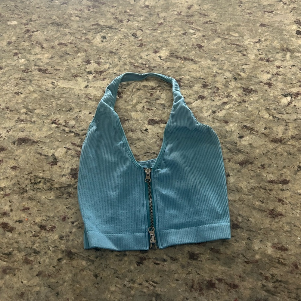 Blue Halter Crop Top with Front Zipper